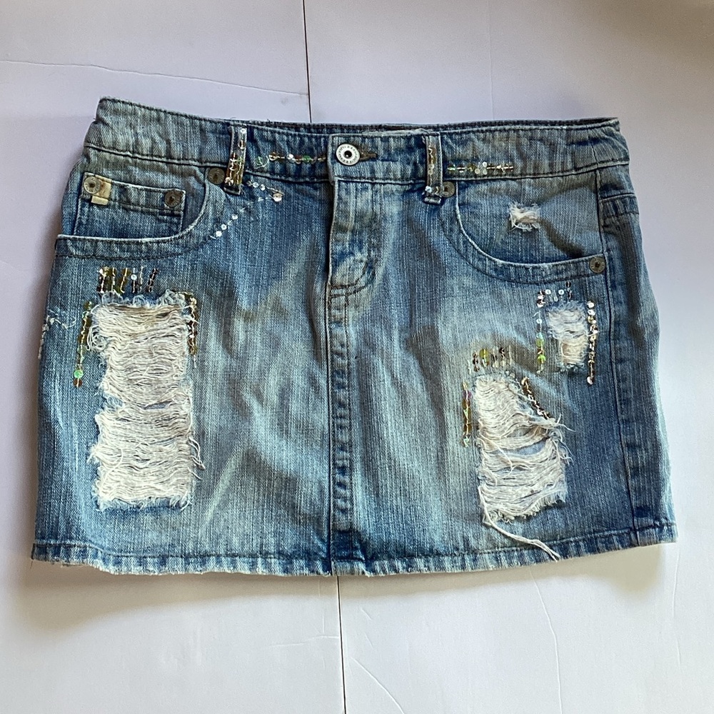Z. Cavaricci Light Wash Denim Skirt With Distressed And Glitter Details.